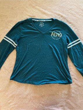 Aeropostale Teal Long Sleeve V-Neck Top with White Sleeve Stripes
